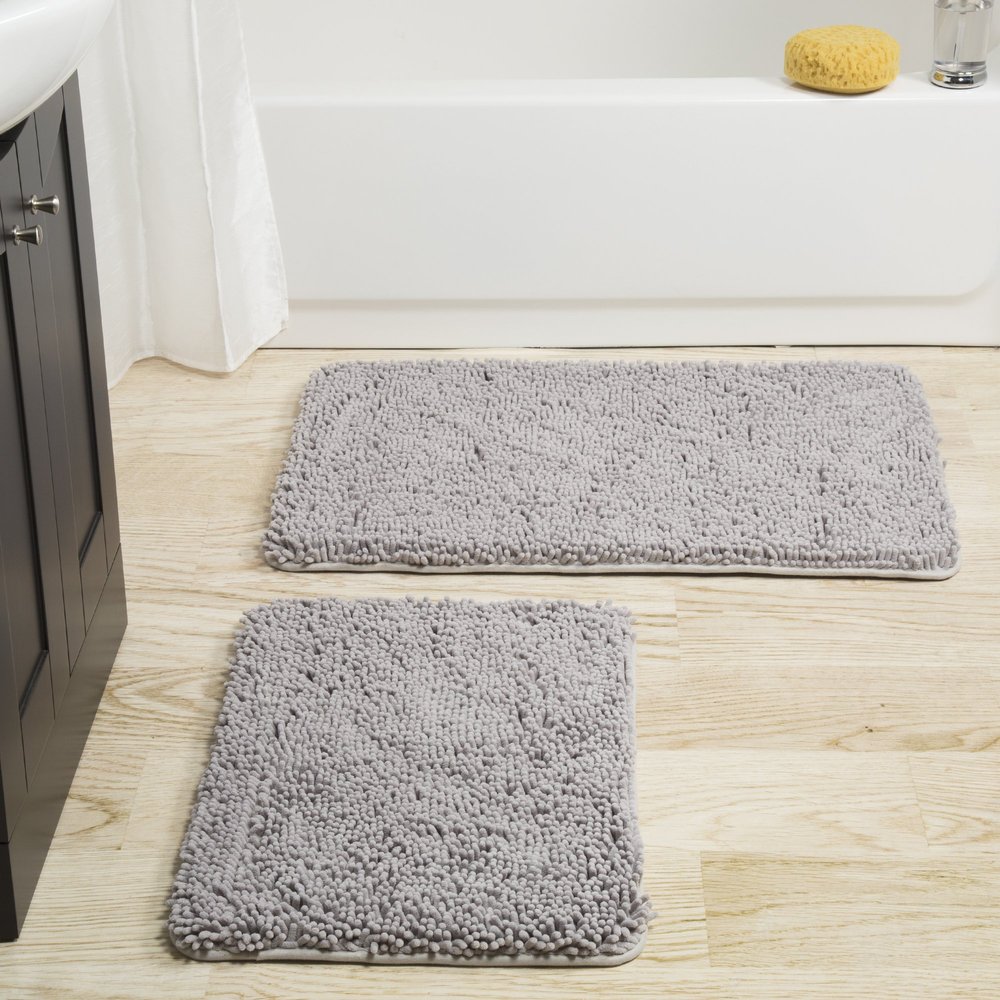 2 Piece Bathroom Rug Set - 32x21 Inch and 24x17 Inch Memory Foam Bath Mats with Chenille Shag Top for Stylish Bathroom Decor - Machine Washable Bath Rugs Set of 2 by Lavish Home (Gray)