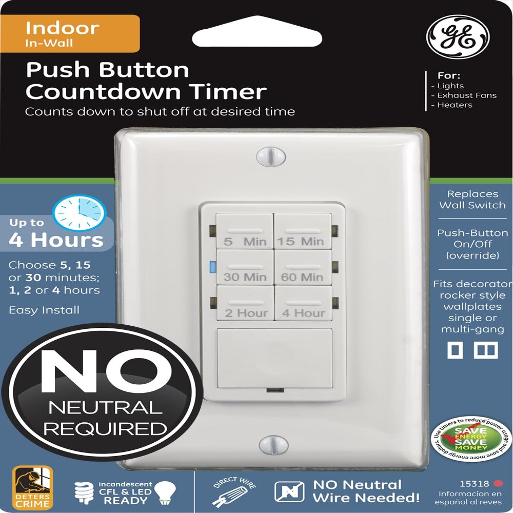 GE Push-Button in-Wall Countdown Timer Switch, On/Off, No Neutral Wire Needed, Ideal for Lights, Bathroom Fan, Exhaust Fans, Heaters, Wall Plate Included, 15318