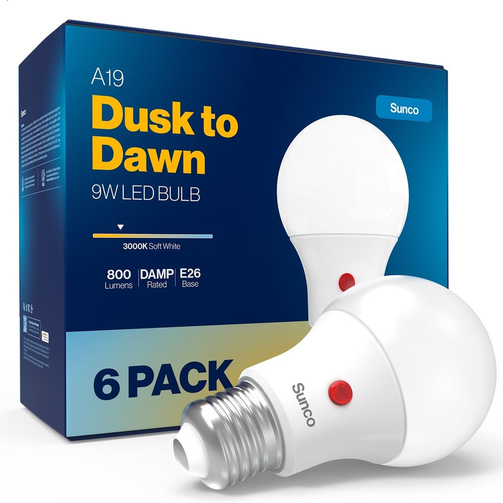 Sunco 6 Pack Dusk to Dawn Light Bulbs Outdoor A19, Photocell Automatic for Exterior Lighting, 800 LM, 9W (60W Eqv.), 3000K Warm White, Auto On/Off Sensor, IP65 Rated UL