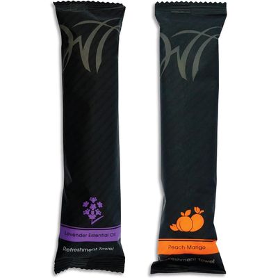 White Towel Services 8" x 8" inch Moist Cotton Towel Individually Wrapped - Lavender and Peach-Mango (Case of 100) *