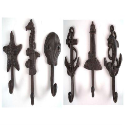 Lighthouse Dolphin Anchor Starfish Seahorse Shell Cast Iron Nautical Hooks Set
