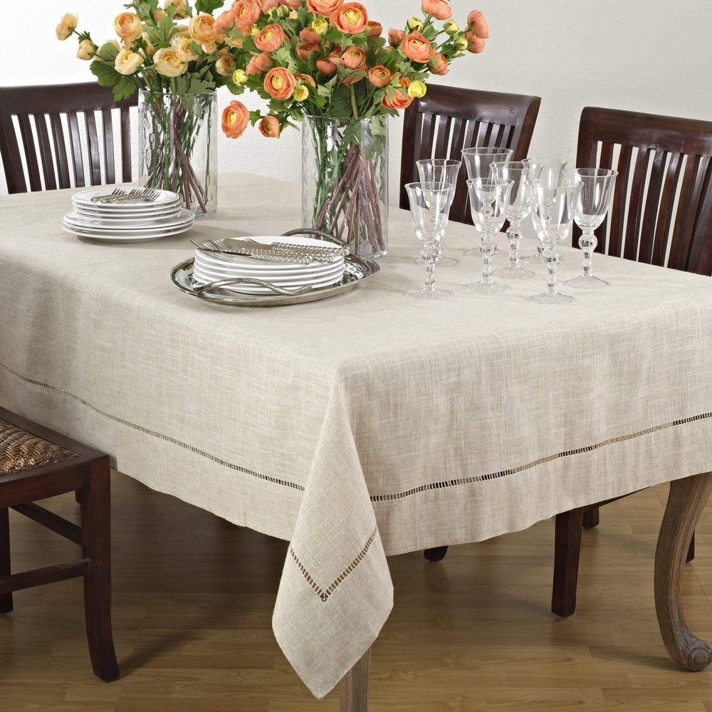 Fennco Styles Handmade Hemstitch Design Natural Tablecloth. One Piece (60" Square)