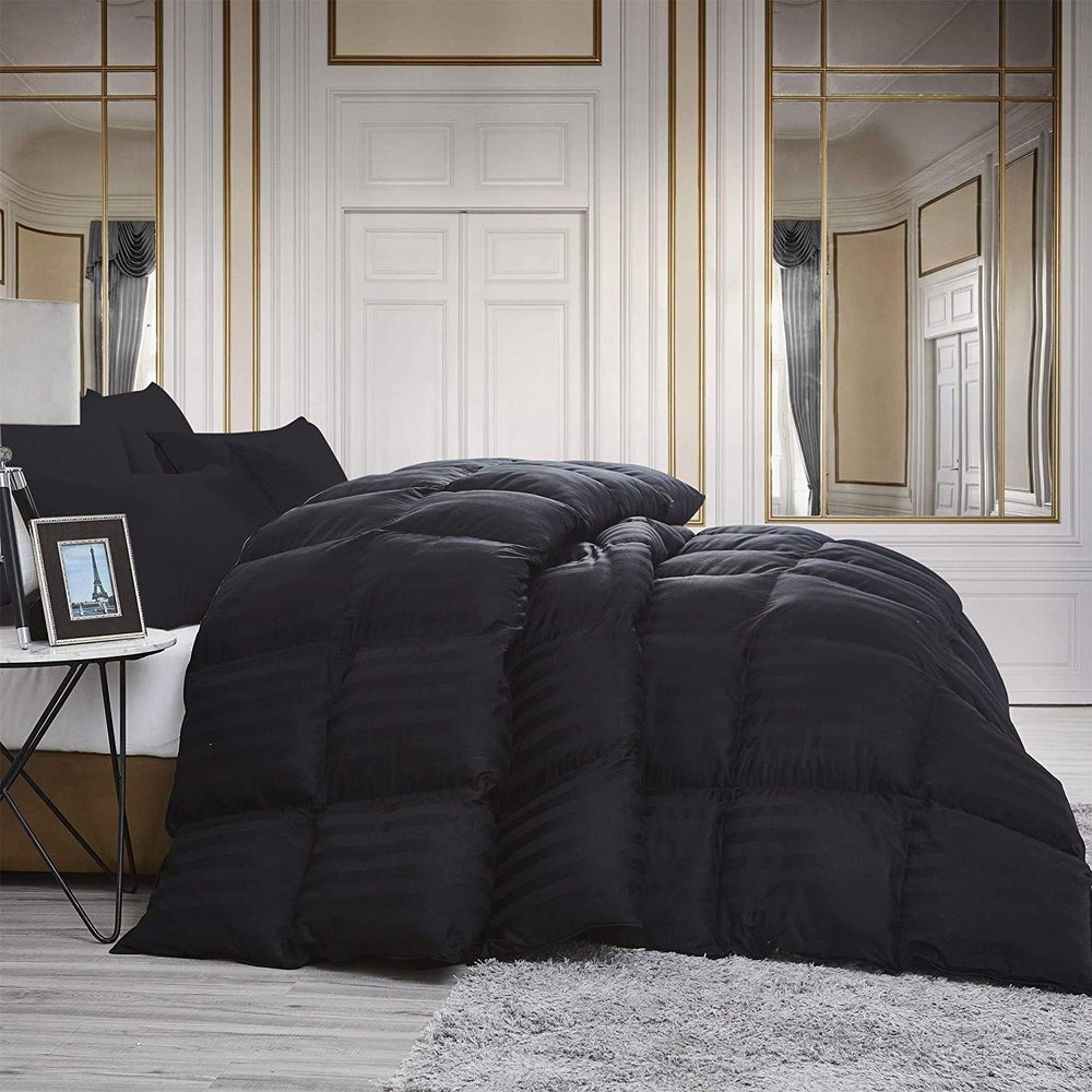 Luxurious All-Season Goose Down Comforter King Size Duvet Insert, Black Stripe Design, 1200 Thread Count 100% Egyptian Cotton Down Proof Fabric, 70 oz Fill Weight