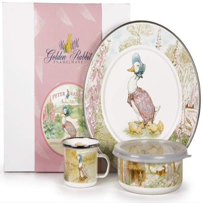 Golden Rabbit Enamelware Child Dinnerware Set: Plate, Mug and Bowl with Lid, Jemima Puddle-duck