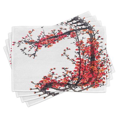 Ambesonne Japanese Place Mats Set of 4, Cherry Blossom Sakura Branch Brushstrokes Image Print, Washable Fabric Placemats for Dining Table, Standard Size, Brown Red