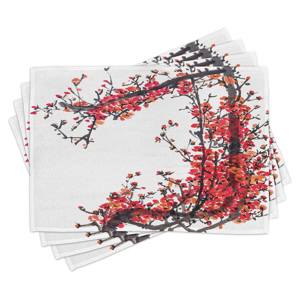 Ambesonne Japanese Place Mats Set of 4, Cherry Blossom Sakura Branch Brushstrokes Image Print, Washable Fabric Placemats for Dining Table, Standard Size, Brown Red