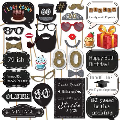 80th Birthday Photo Booth Props - 31-pc Selfie Props with 8 x 10-Inch Sign, 45 Adhesive Pads, 35 Sticks - Selfie Photo Booth Birthday - 80th Bday Party Supplies