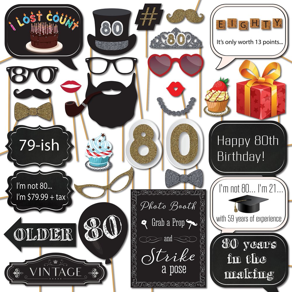 80th Birthday Photo Booth Props - 31-pc Selfie Props with 8 x 10-Inch Sign, 45 Adhesive Pads, 35 Sticks - Selfie Photo Booth Birthday - 80th Bday Party Supplies