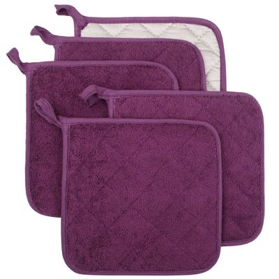 100% Cotton Kitchen Everyday Basic Terry Pot Holder Heat Resistant Coaster Potholder for Cooking and Baking Set of 5 Grape