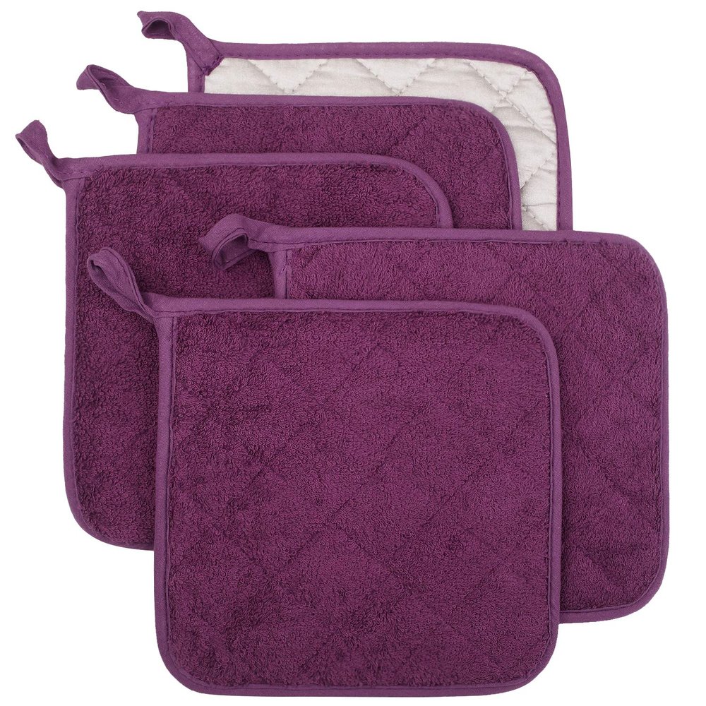 100% Cotton Kitchen Everyday Basic Terry Pot Holder Heat Resistant Coaster Potholder for Cooking and Baking Set of 5 Grape