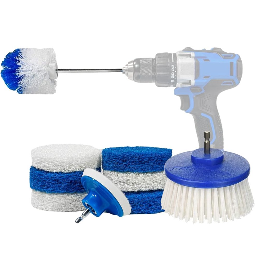 RotoScrub 9 Pack Multi-Purpose Home Cleaning Accessory Drill Kit, Bathroom Scrub Pads, Extended Reach Round Brush Attachment Set