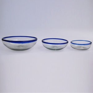 MexHandcraft Cobalt Blue Rim Three Sizes Snack Bowls (set of 3), Recycled Glass, Lead-free, Toxin-Free