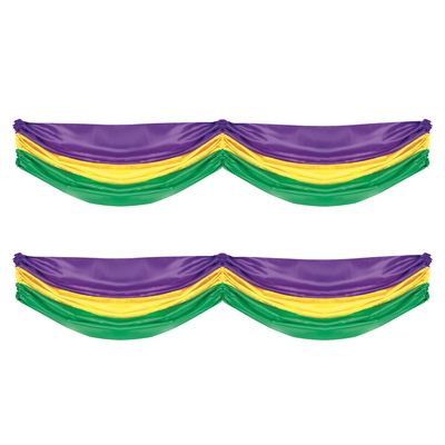 Beistle 2-Pack Mardis Gras Fabric Bunting, Purple/Yellow/Green Hanging Decorations with Drawstrings for Porch or Tables, Indoor & Outdoor NOLA Decor, 5' 10"