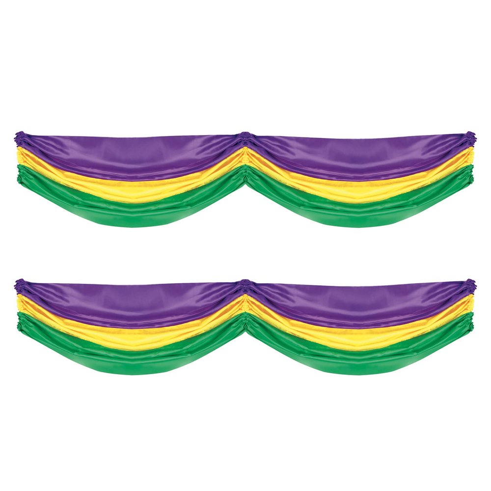 Beistle 2-Pack Mardis Gras Fabric Bunting, Purple/Yellow/Green Hanging Decorations with Drawstrings for Porch or Tables, Indoor & Outdoor NOLA Decor, 5' 10"