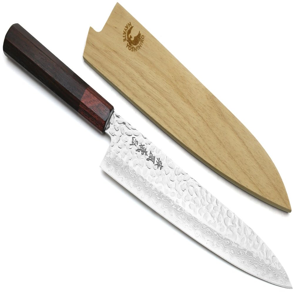 Yoshihiro VG10 46 Layers Hammered Damascus Gyuto Japanese Chefs Knife (Octagonal Shitan Rosewood Handle) (8.25" (210mm))