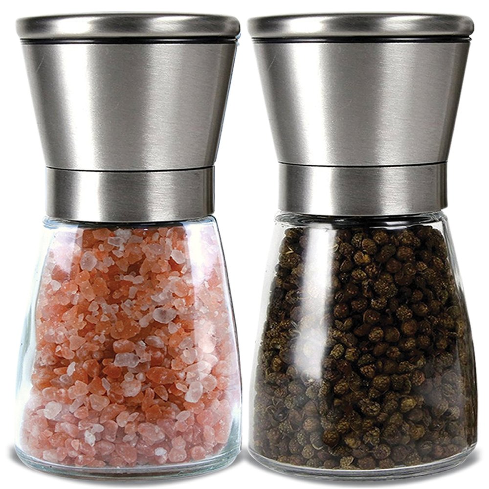 Linbonio Salt and Pepper Grinder Set - Stainless Steel Refillable Salt and Pepper Shaker - Adjustable Ceramic Sea Salt and Pepper Grinder - Glass Salt and Pepper Mixer - Pepper and Salt Mill