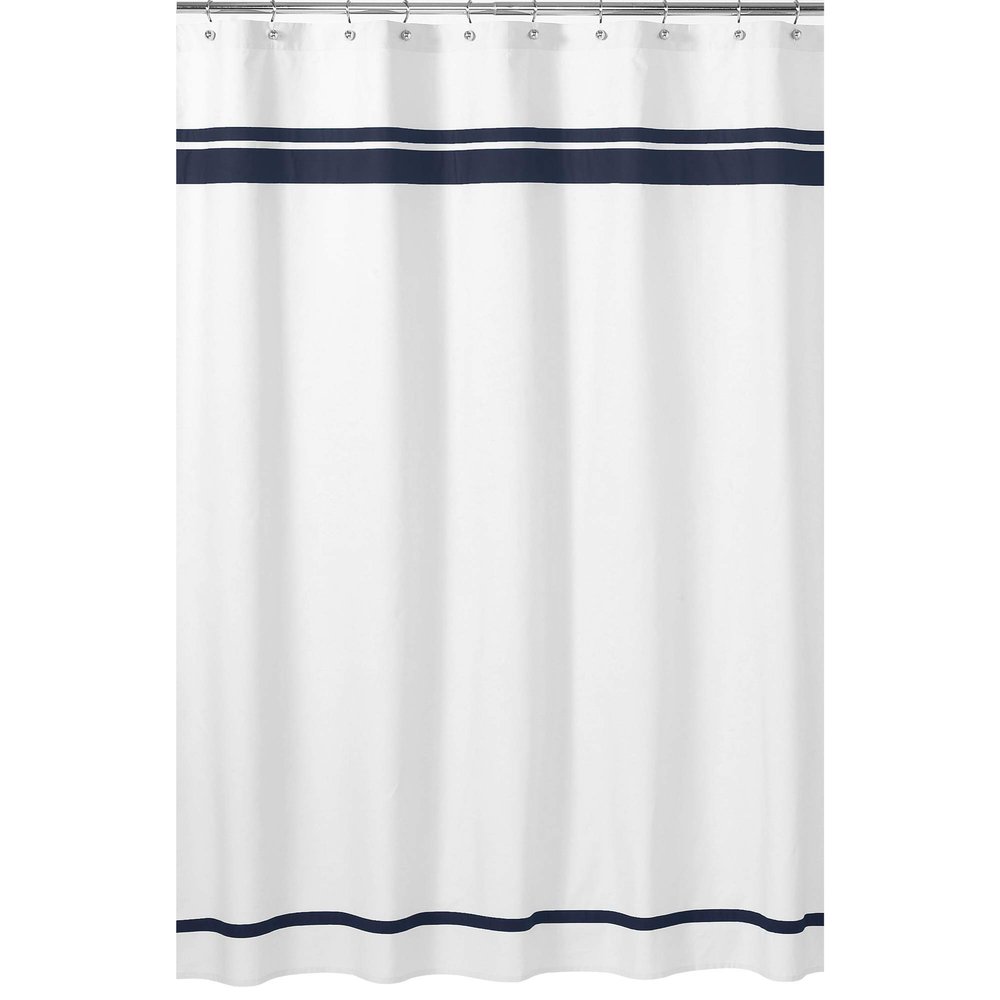 Sweet Jojo Designs White and Navy Hotel Kids Bathroom Fabric Bath Shower Curtain