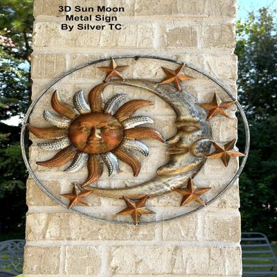Large Metal Sun Moon Star Wall Art Sculpture Decor for Indoor Outdoor (17" Diameter)