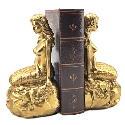 Bellaa 23460 Mermaid Bookends Vintage Decorative Book Ends Stopper Library Shelves Ariel Greek Mythology Fairytales Legends Fantasy Statues Queen Beauty Pageant Trophy Awards Golden 7 Inch