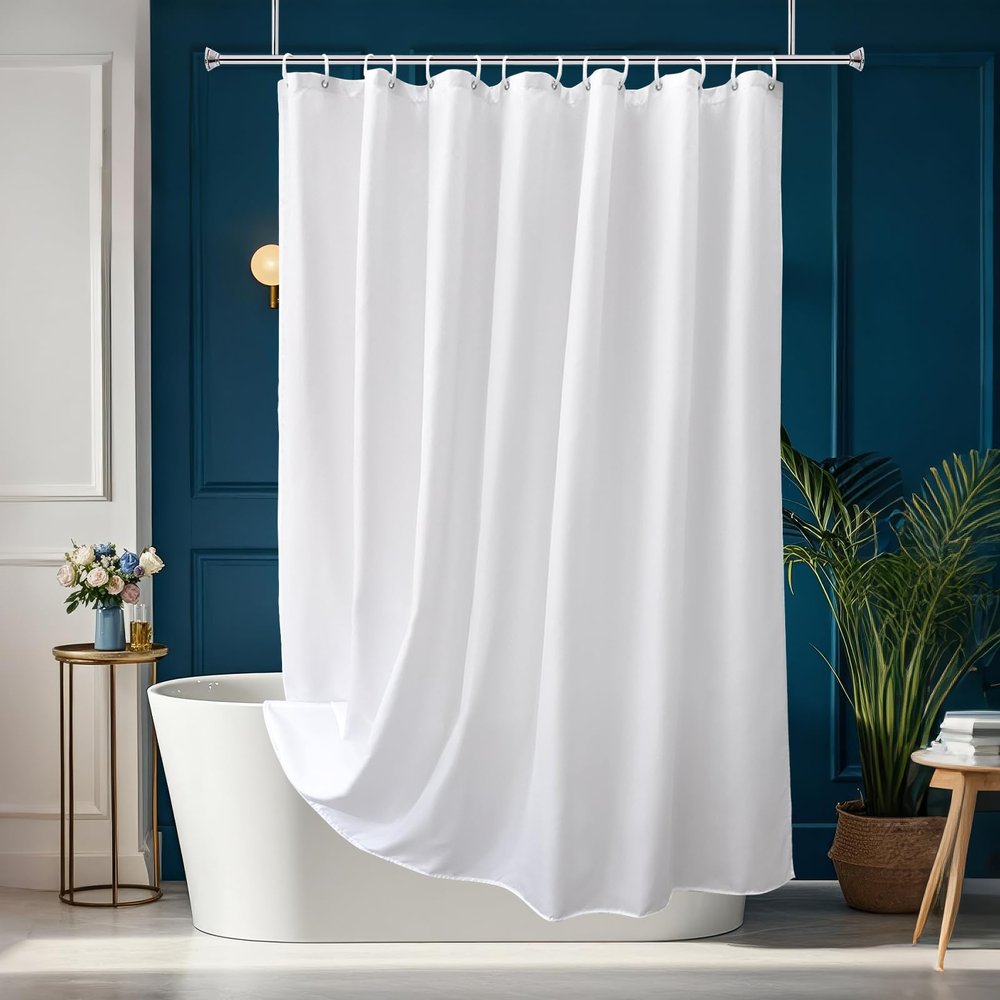 AooHome Extra Long Shower Curtain Liner, Fabric Shower Curtain with Hooks for Hotel, Waterproof, 72 Width x 84 Height Inch, White