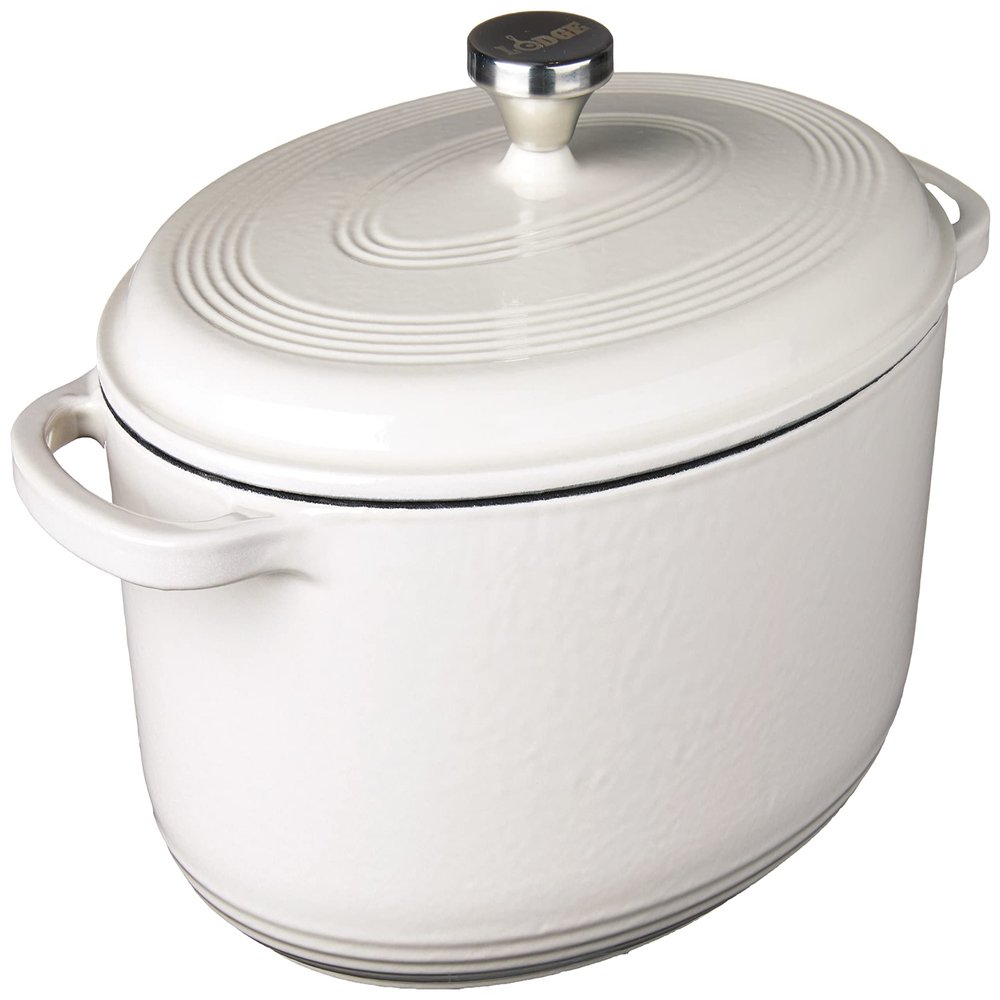 Lodge 7 Quart Enameled Cast Iron Oval Dutch Oven with Lid Dual Handles Oven Safe up to 500 F or on Stovetop - Use to Marinate, Cook, Bake, Refrigerate and Serve Oyster White