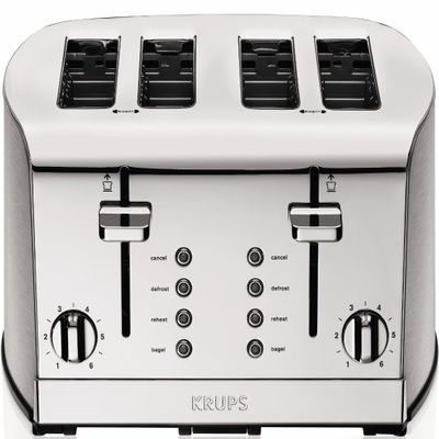 KRUPS: Breakfast Set Stainless Steel Toaster 4 Slice 1500 Watts 6 Brown Settings, Defrost, Reheat, High Lift Lever Silver, Matte and Chrome