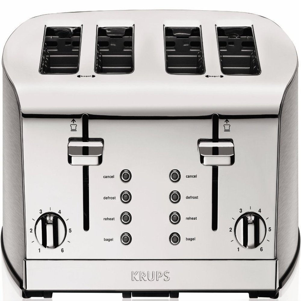 KRUPS: Breakfast Set Stainless Steel Toaster 4 Slice 1500 Watts 6 Brown Settings, Defrost, Reheat, High Lift Lever Silver, Matte and Chrome