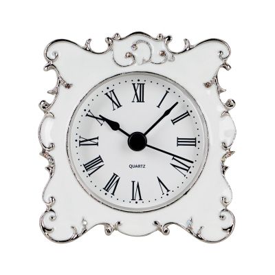 NIKKY HOME Pewter Pretty Small and Cute Vintage Table Clock with Quartz Analog Crystal Rhinestone 3 Inch for Living Room Bathroom Decoration, White Enamel