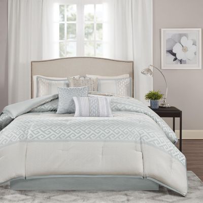Madison Park Luxury Comforter Set-Traditional Jacquard Design All Season Down Alternative Bedding, Matching Bedskirt, Decorative Pillows, Cal King(104"x92"), Bennett, Geometric Aqua, 7 Piece