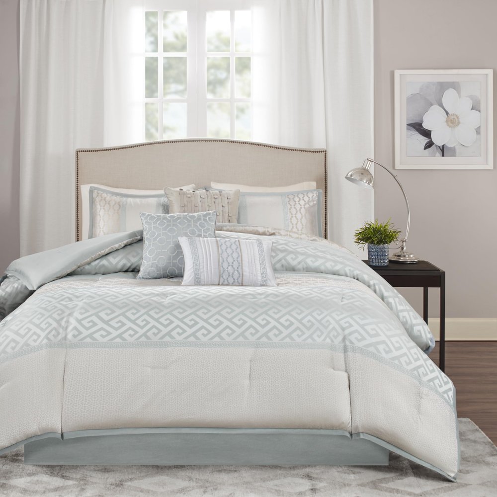 Madison Park Luxury Comforter Set-Traditional Jacquard Design All Season Down Alternative Bedding, Matching Bedskirt, Decorative Pillows, Cal King(104"x92"), Bennett, Geometric Aqua, 7 Piece