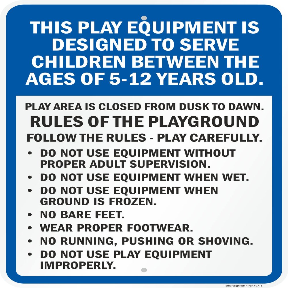 SmartSign 24 x 18 inch Play Equipment Designed To Serve Children 5-12 Years Old - Rules Of The Playground Metal Sign, 80 mil Laminated Rustproof Aluminum, Blue, Black and White, Made in USA