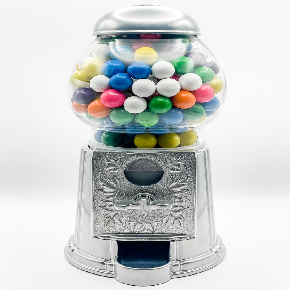 Medium Size 11" Metal and Glass Candy Gumball Machine, Silver Color