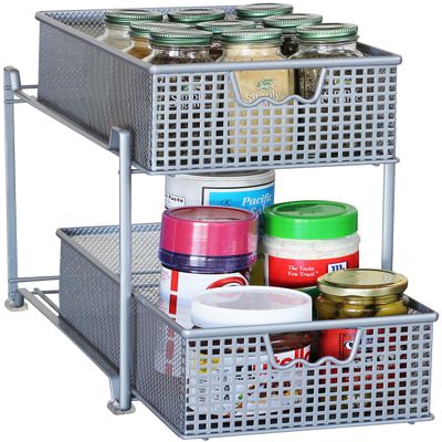DecoBrothers 2 Tier Bathroom Storage Organizer with Pull-Out Drawer, Silver