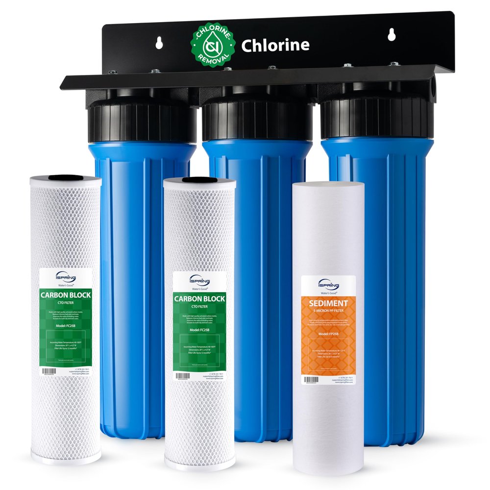 iSpring Whole House Water Filter System, Highly Reduces Sediment, Taste, Odor, and up to 99% Chlorine, 3-Stage w/ 20-Inch Sediment and Carbon Block Filters, Model: WGB32B, 1" Inlet/Outlet