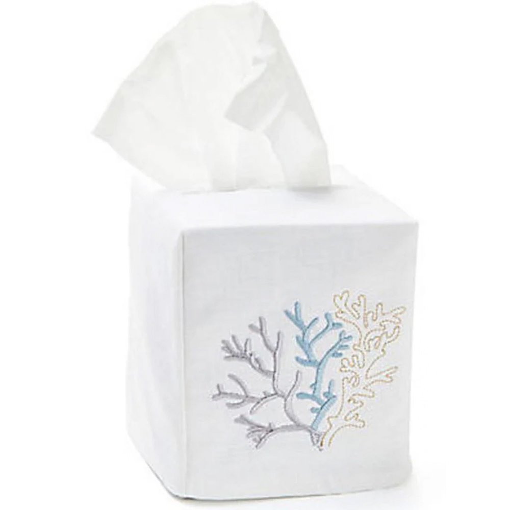 Jacaranda Living Square Tissue Box Cover, Linen/Cotton Fabric Tissue Holder, Decorative Cloth Tissue Cube Cover, Coastal Designs Coral (Duck Egg Blue)