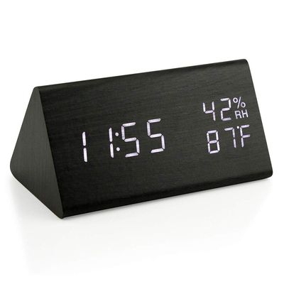 OCT17 Wooden Alarm Clock, Smart LED Digital Clock for Bedroom/desks, Upgraded with Time Temperature, Adjustable Brightness and Voice Control, Humidity Displaying - Black