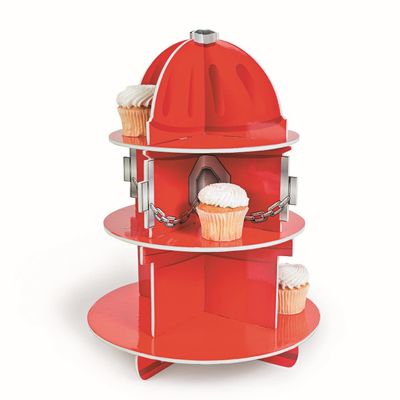 Fun Express Fire Hydrant 3-Tier Cupcake and Dessert Holder for Fire Truck, Fireman, Fire Fighter Themed Birthday Party Supplies and Decor - Red