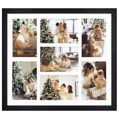 Golden State Art, 13.7x15.7 Matted Black Wood 7-Opening for 4 x 6 Collage Picture Frame
