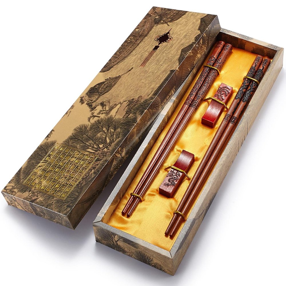 Chopstick Reusable Chinese Dragon and Phoenix Chopsticks with Holder and Carrying Bag Chinese Traditional Stylish Set2 Pairs