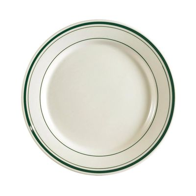 CAC China GS-16 10-1/2-Inch Greenbrier Green Band American Stoneware Round Plate, White, Box of 12