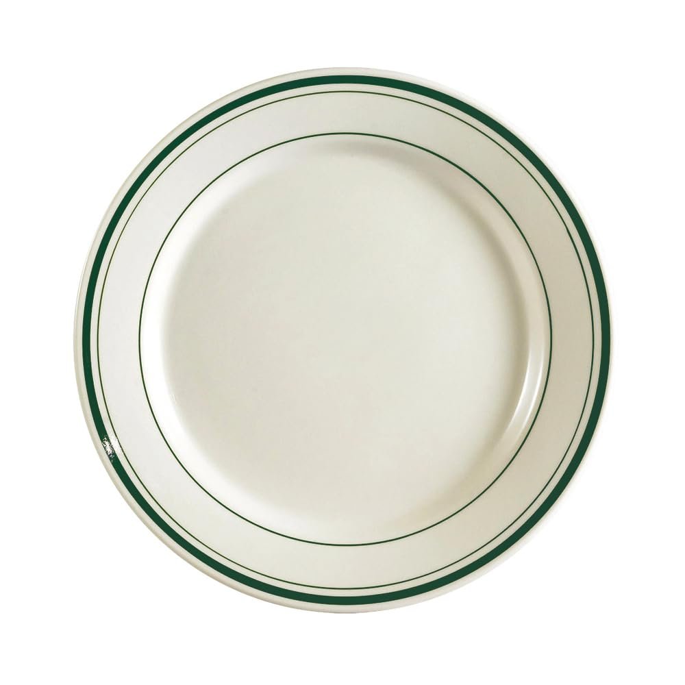 CAC China GS-16 10-1/2-Inch Greenbrier Green Band American Stoneware Round Plate, White, Box of 12