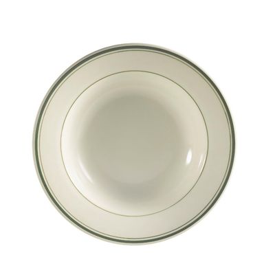 CAC China GS-3 9-Inch Greenbrier 10-Ounce Green Band Stoneware Rim Soup Plate, American White, Box of 24