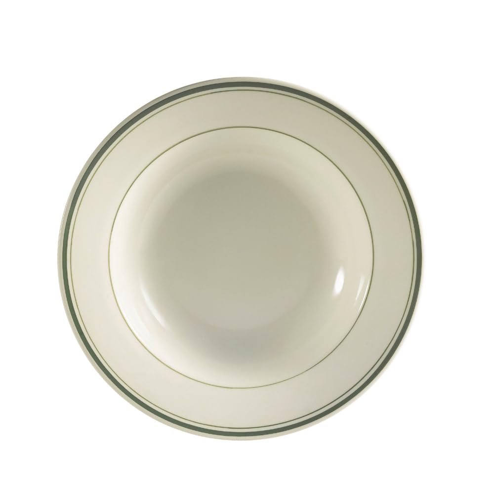 CAC China GS-3 9-Inch Greenbrier 10-Ounce Green Band Stoneware Rim Soup Plate, American White, Box of 24