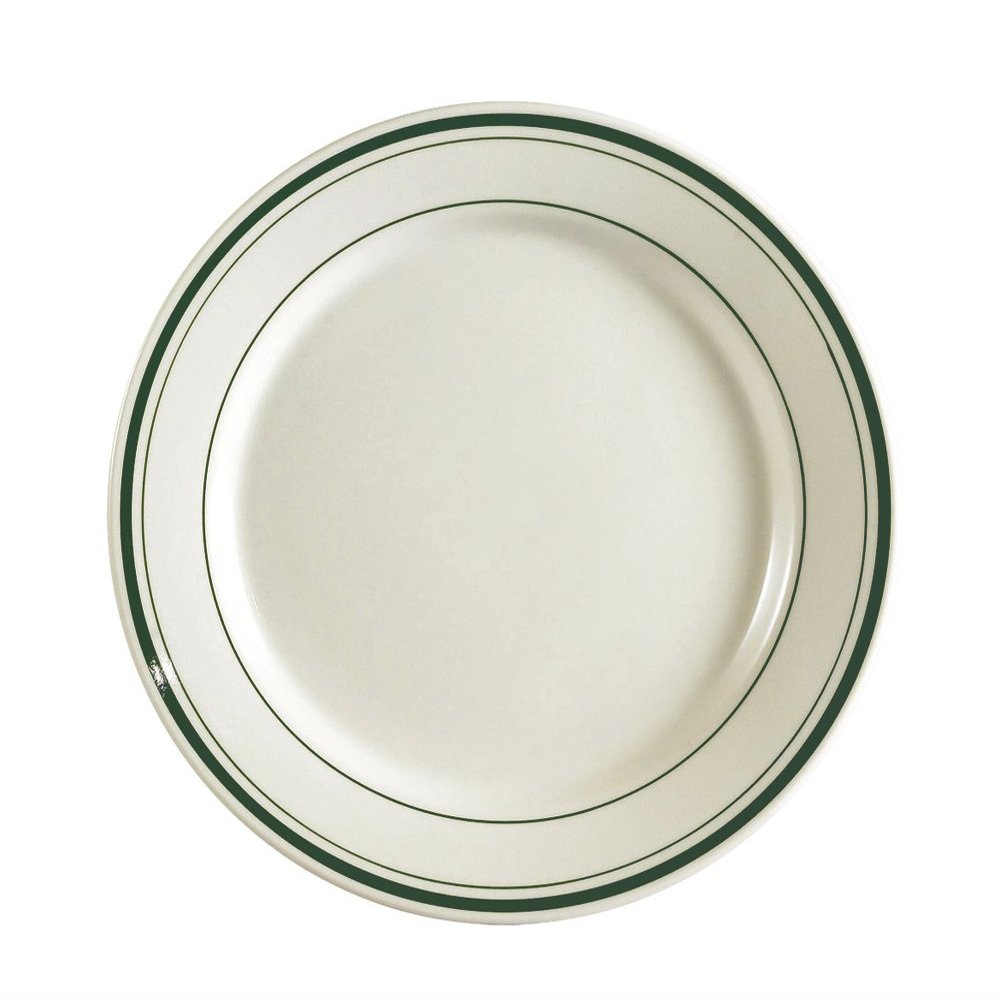 CAC China GS-31 6-1/4-Inch Greenbrier Green Band American Stoneware Round Plate, White, Box of 36