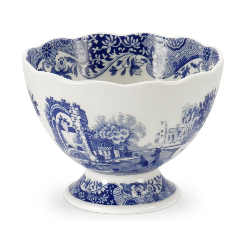 Portmeirion Blue Italian Footed Bowl | Made of Porcelain | Berries, Sweets, and Chocolate Bowl | Scalloped Edge | Measures 4.75-Inch | Dishwasher and Microwave Safe