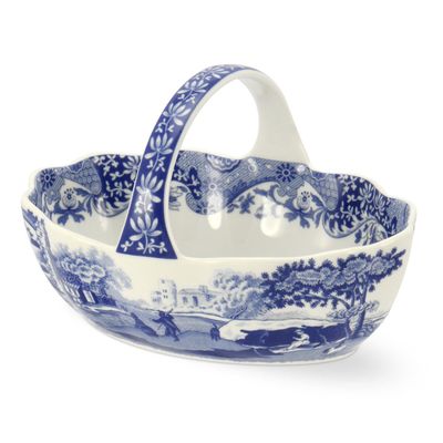 Spode Blue Italian Porcelain Handled Basket with Chip-Resistant Glaze - 6 Inch Decorative Serving Dish for Holiday Gift Giving, Hostess Presentation, Seasonal Table Accents