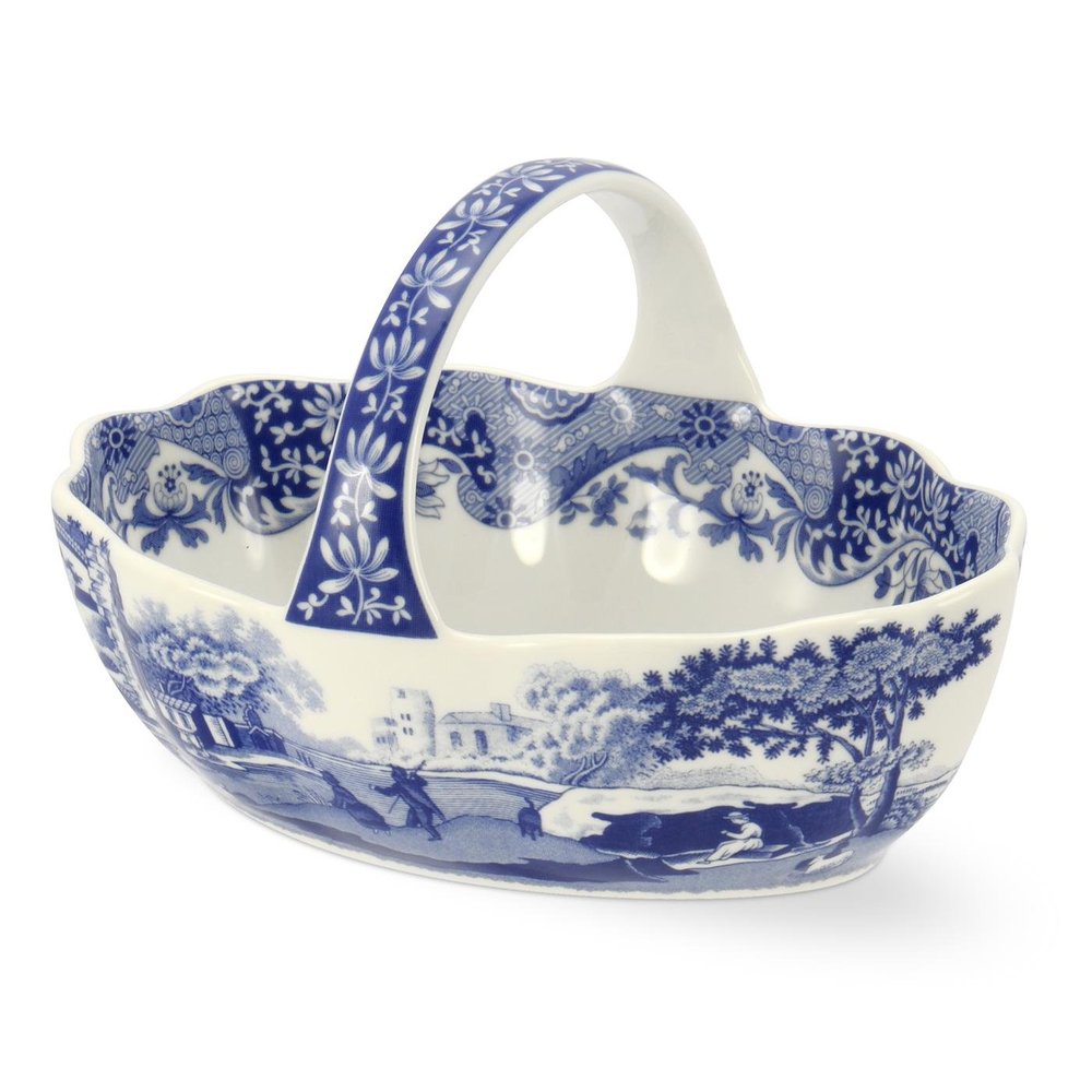 Spode Blue Italian Porcelain Handled Basket with Chip-Resistant Glaze - 6 Inch Decorative Serving Dish for Holiday Gift Giving, Hostess Presentation, Seasonal Table Accents