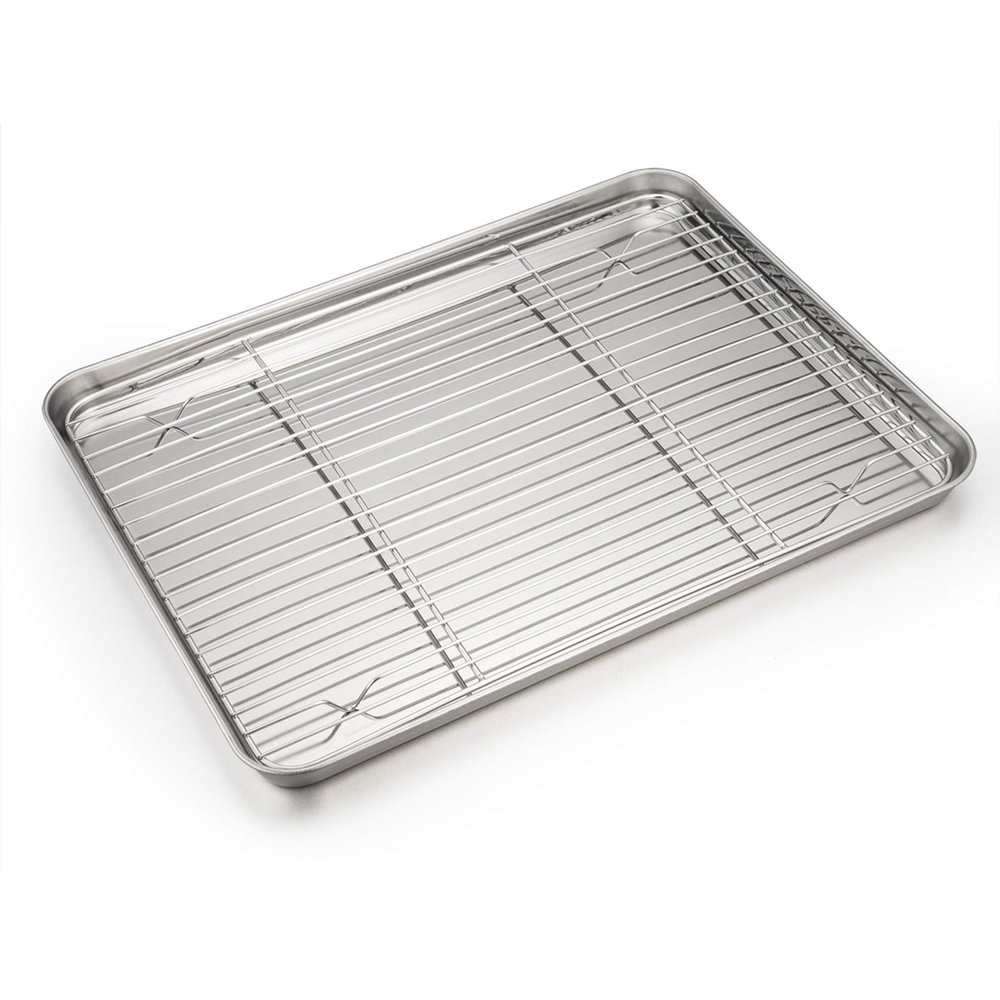 P&P CHEF 16 Inch Baking Sheet Pan with Rack Set, Stainless Steel Cookie Sheet Pan Tray with Cooling Rack for Oven Use, Cooking Roasting, Non Toxic & Dishwasher Safe, Heavy Duty