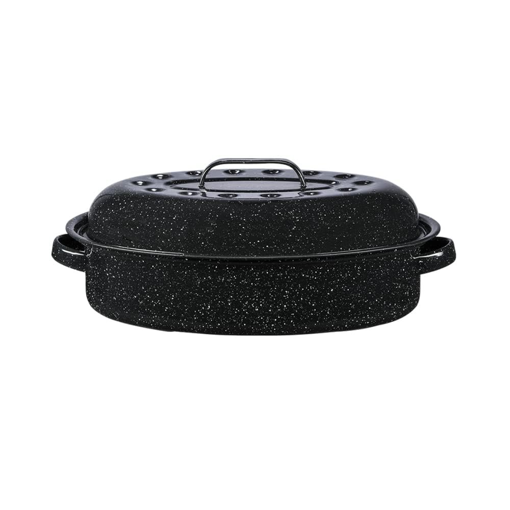 Granite Ware 15-Inch Covered Oval Roaster - Enamel Steel Basic Cookware, Nonstick & Chemical-Free, Dishwasher Safe - 10 Lb Capacity, Large Roasting Pan for Meats, Poultry, Vegetables (Speckled Black)