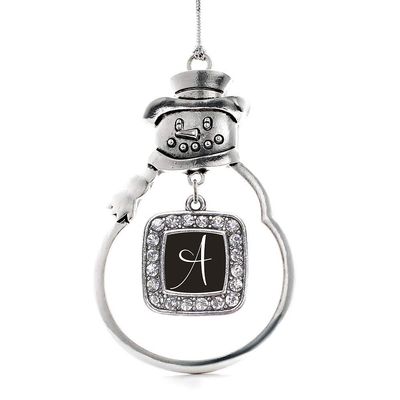 Inspired Silver - My Script Initials - Letter A - Silver Christmas Ornament - Square Charm Christmas Tree Ornament with Cubic Zirconia - Snowman Hanging Decoration